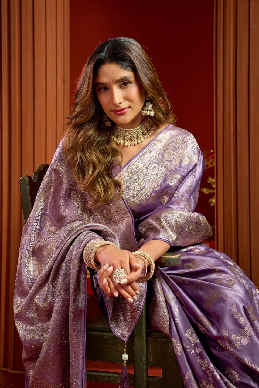 Lavender Satin Silk Blend Saree - Jacquard Weaving with Swarovski Work