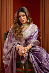 Lavender Satin Silk Blend Saree - Jacquard Weaving with Swarovski Work
