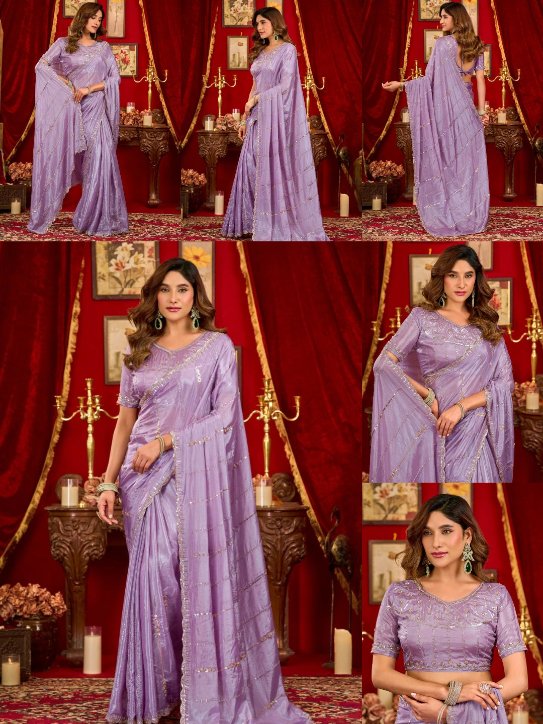 Lavender Prada Silk Blend Saree - Beads Sequins Cutwork Border - Multiple Views