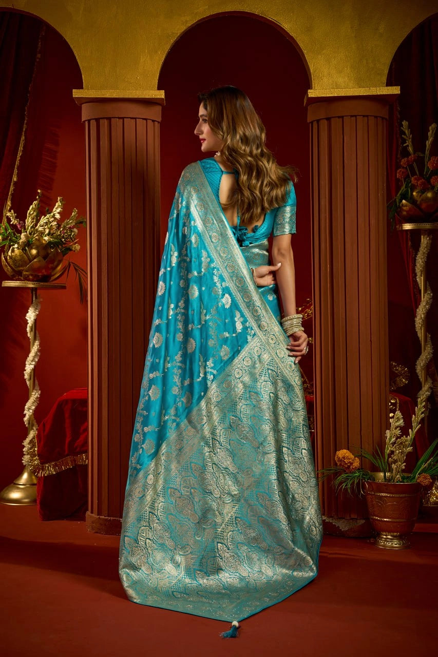 Teal Blue Satin Silk Saree - View 5