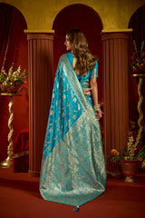 Teal Blue Satin Silk Saree - View 5