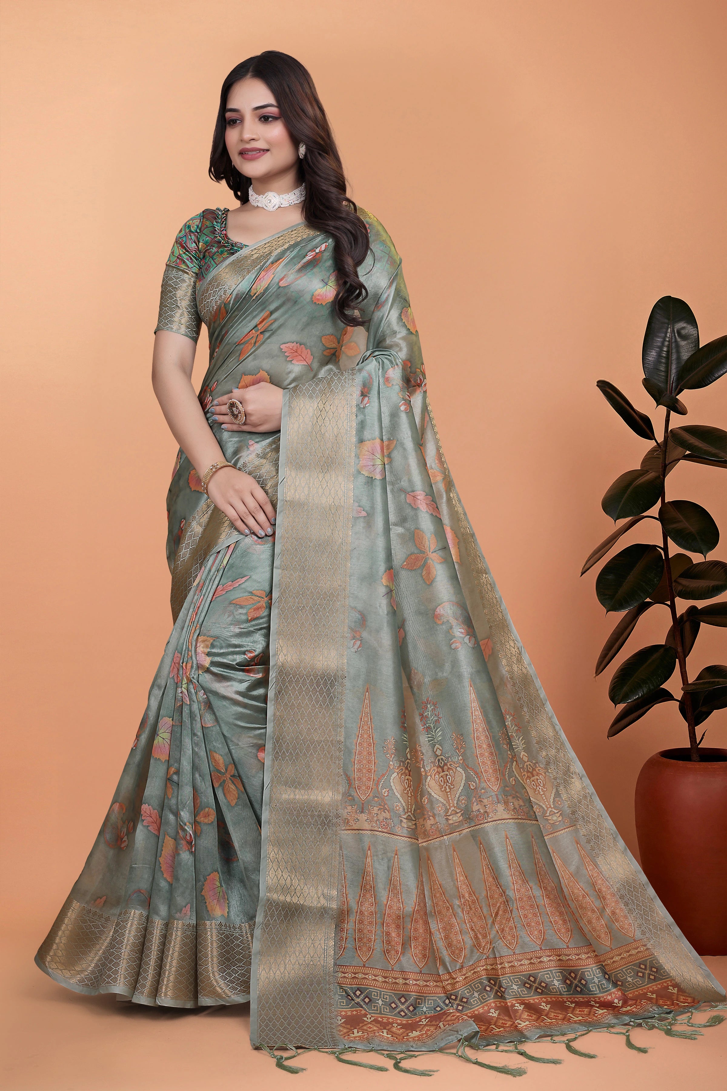 Dusty Mint Green Zari Weaving Premium Crystal Saree Hero Front View | Kalyanja KS362