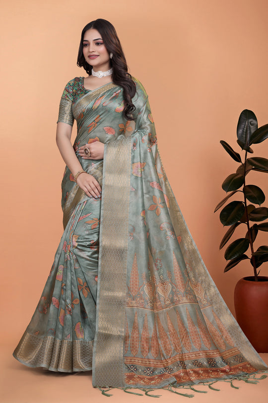 Dusty Mint Green Zari Weaving Premium Crystal Saree Hero Front View | Kalyanja KS362