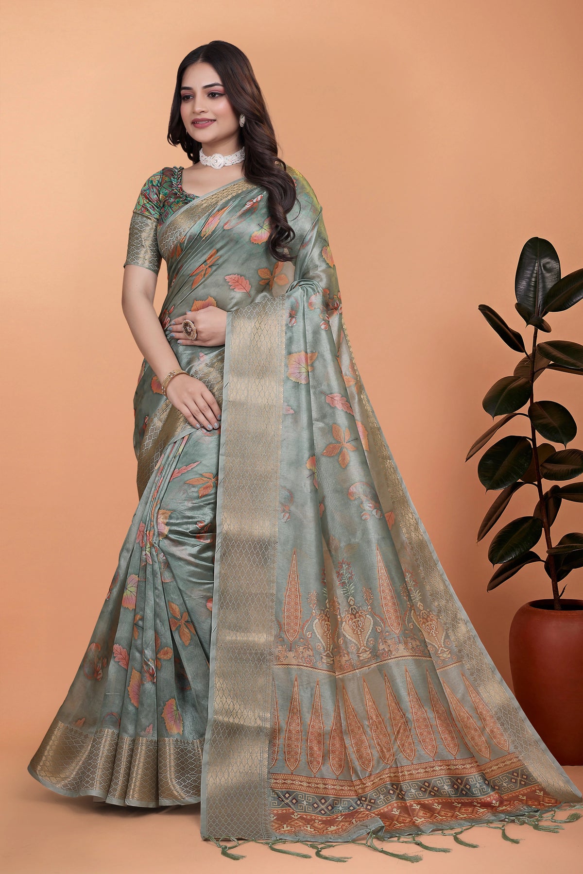Dusty Mint Green Zari Weaving Premium Crystal Saree Hero Front View | Kalyanja KS362