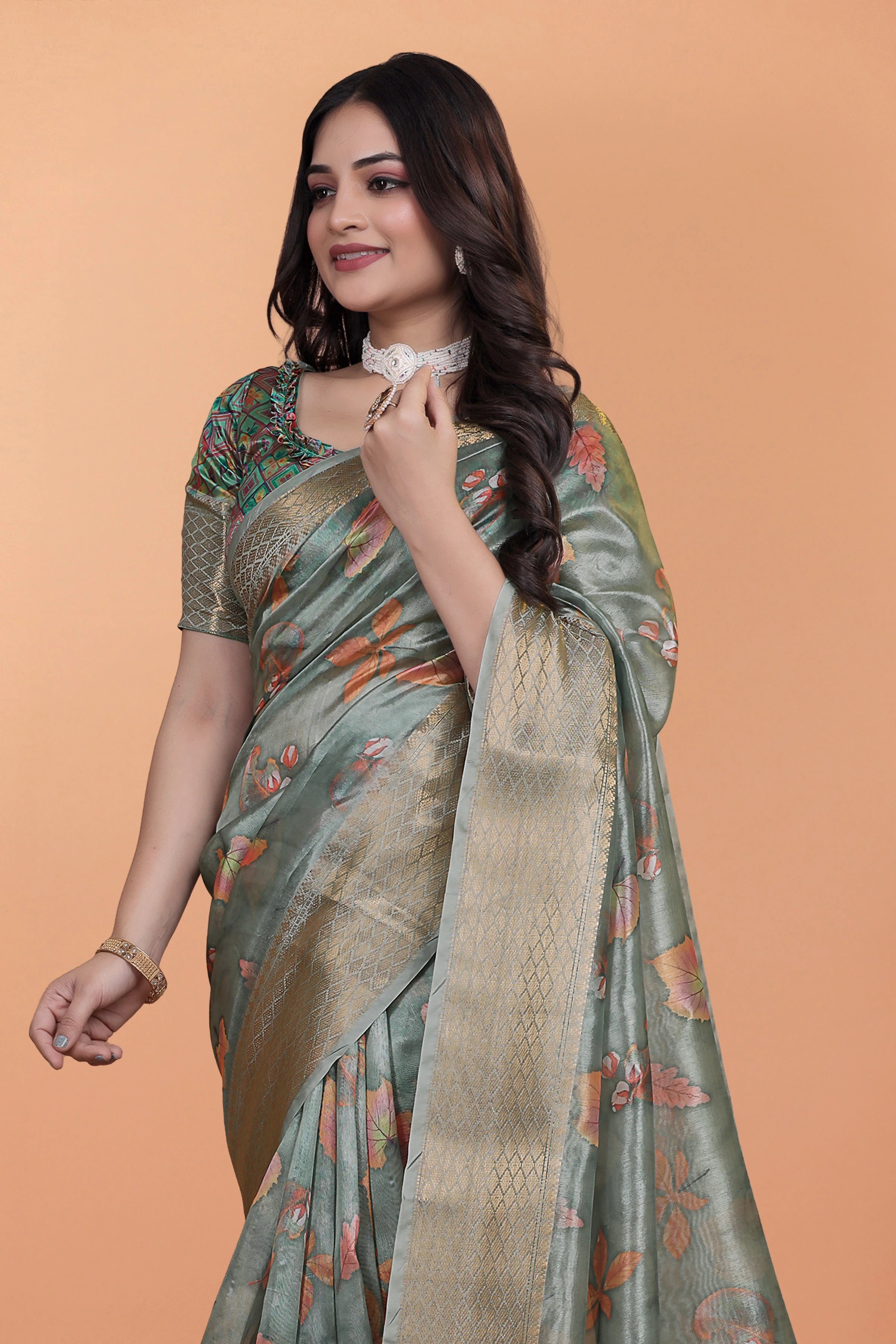Dusty Mint Green Saree Upper Body Zari Border Close-Up | Kalyanja KS362