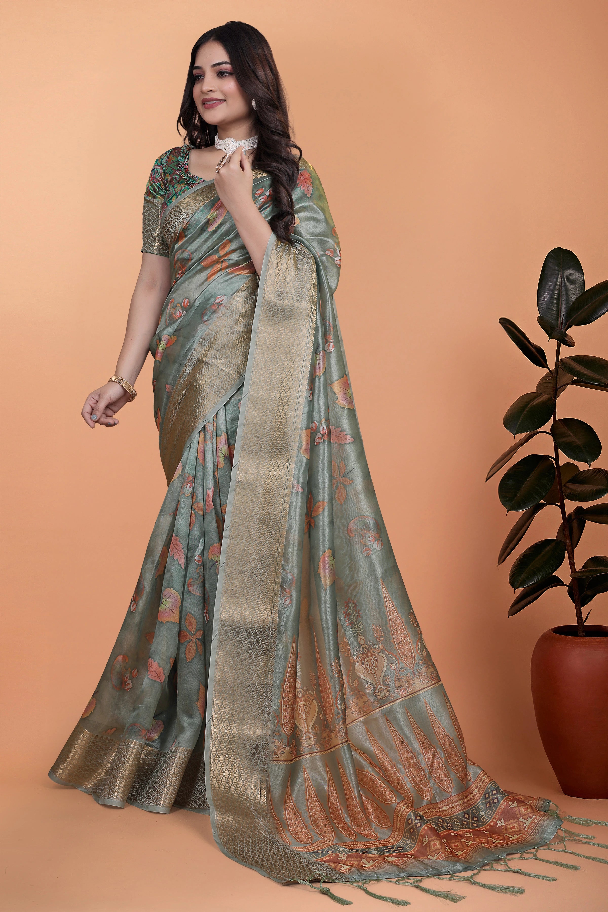 Dusty Mint Green Zari Weaving Saree Three-Quarter View | Kalyanja KS362