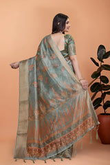 Dusty Mint Green Zari Weaving Saree Back View Copper Woven Pallu | Kalyanja KS362
