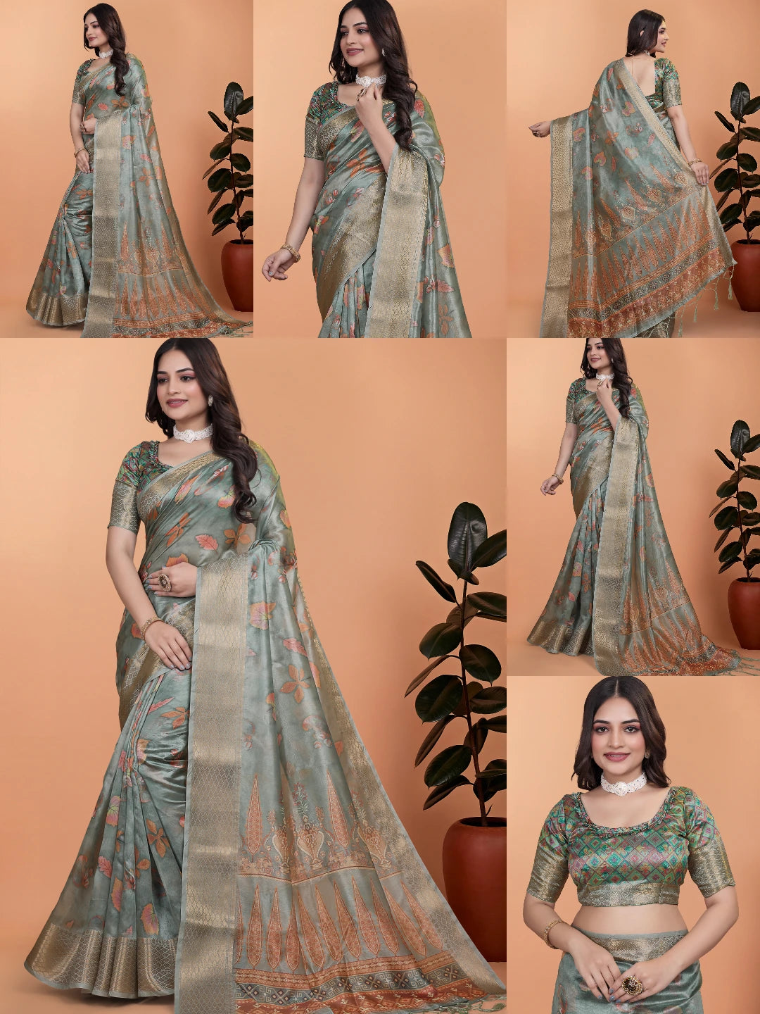 Dusty Mint Green Zari Weaving Saree Collage All Views | Kalyanja KS362