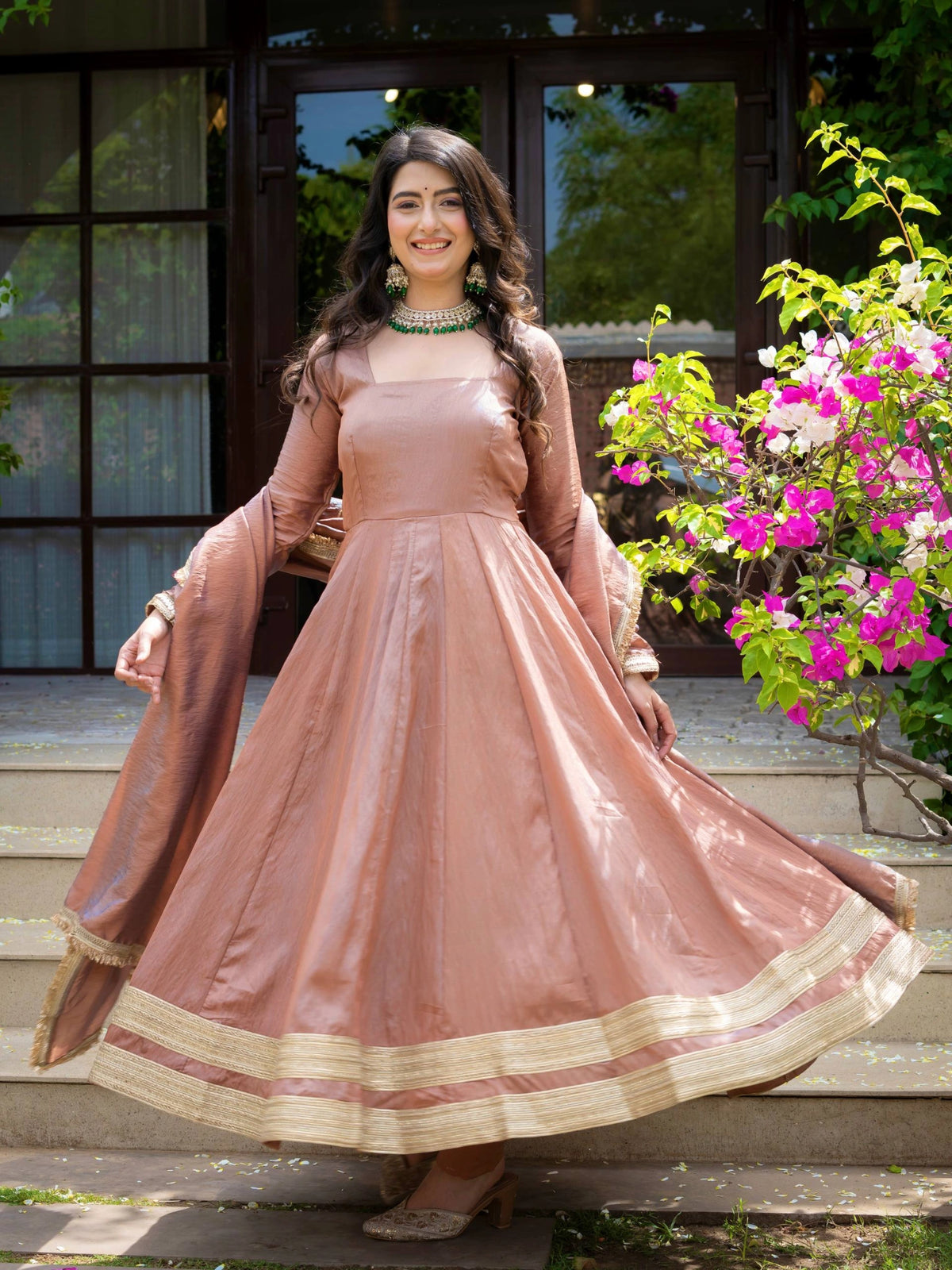 Dusty Rose Embroidered Anarkali Suit KU321 front view
