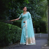 Powder Blue Zari Work Maheshwari Tissue Silk Saree