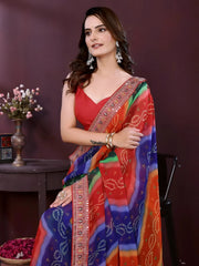 Multicolour Digital Print With Embroidery Work Georgette Saree