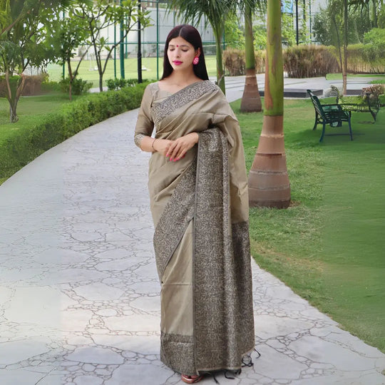Cinereous Warli Weaving Soft Banglori Raw Silk Saree