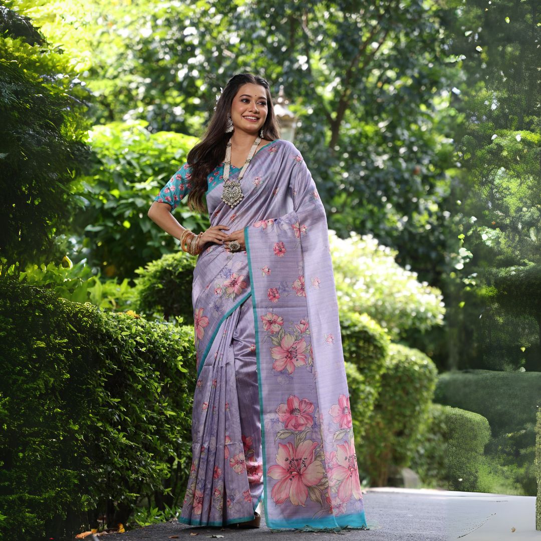 Lavender Floral Tussar Silk Saree