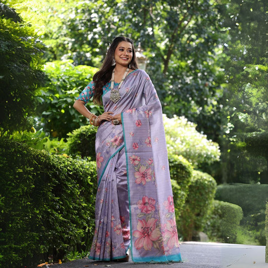 Lavender Floral Tussar Silk Saree