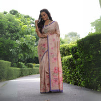 Light Beige Floral Print Soft Tusar Silk Saree