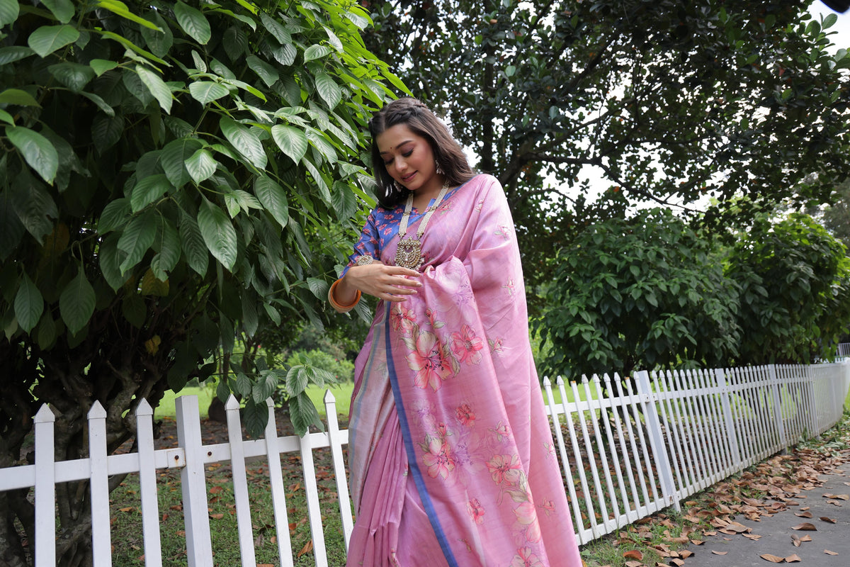 Light Pink Floral Print Soft Tusar Silk Saree