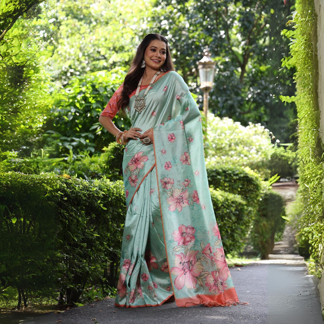 Pastel Sea Green Floral Print Soft Tusar Silk Saree