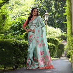 Pastel Sea Green Floral Print Soft Tusar Silk Saree