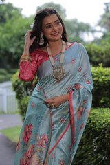 powder blue tussar silk saree