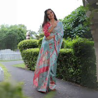 Powder Blue Floral Print Soft Tusar Silk Saree