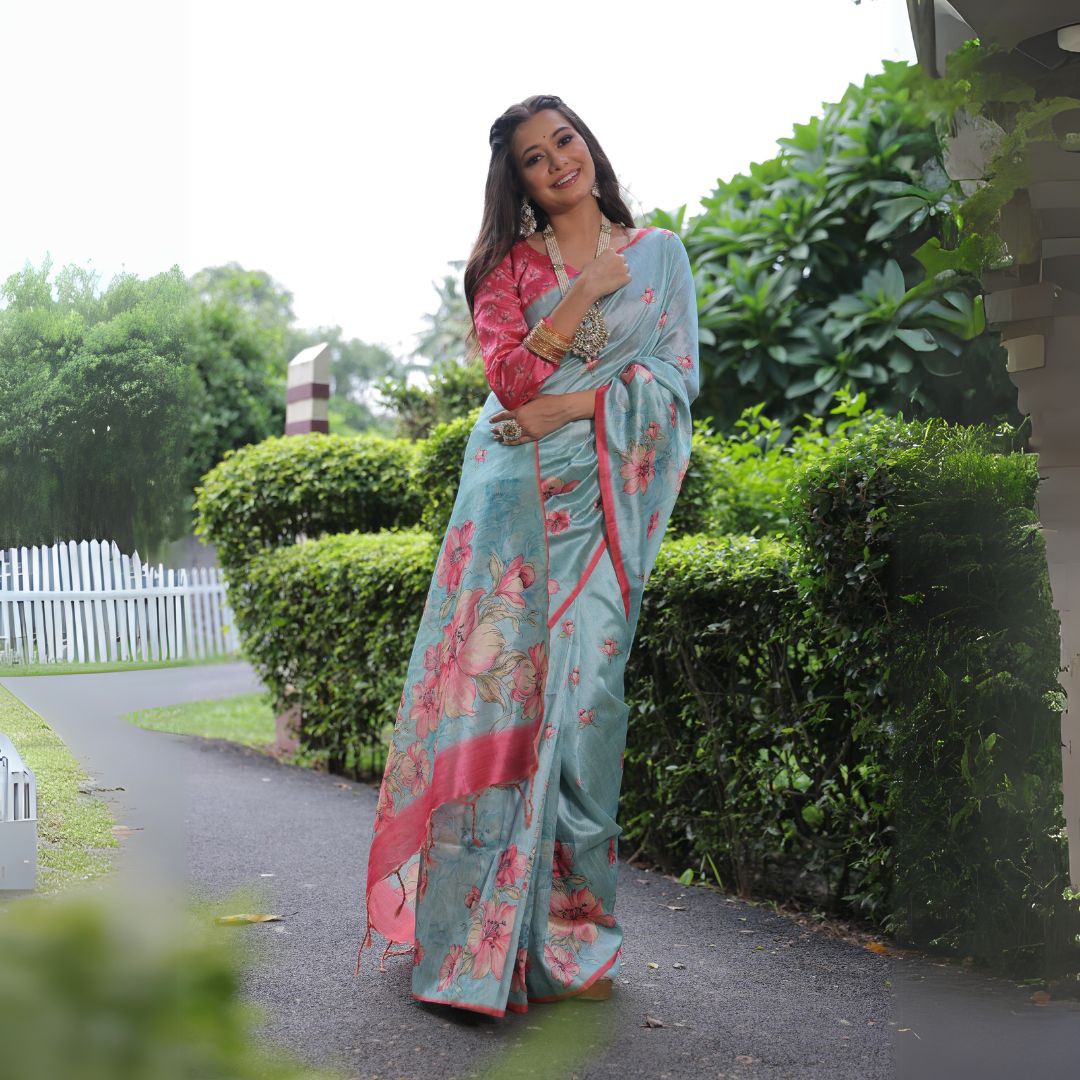powder blue tussar silk saree