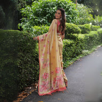 Yellowish Beige Floral Print Soft Tusar Silk Saree