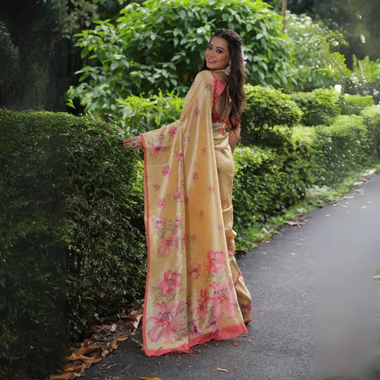 Yellowish Beige Floral Print Soft Tusar Silk Saree