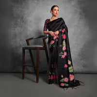 Black Printed Floral Soft Tussar Silk Saree