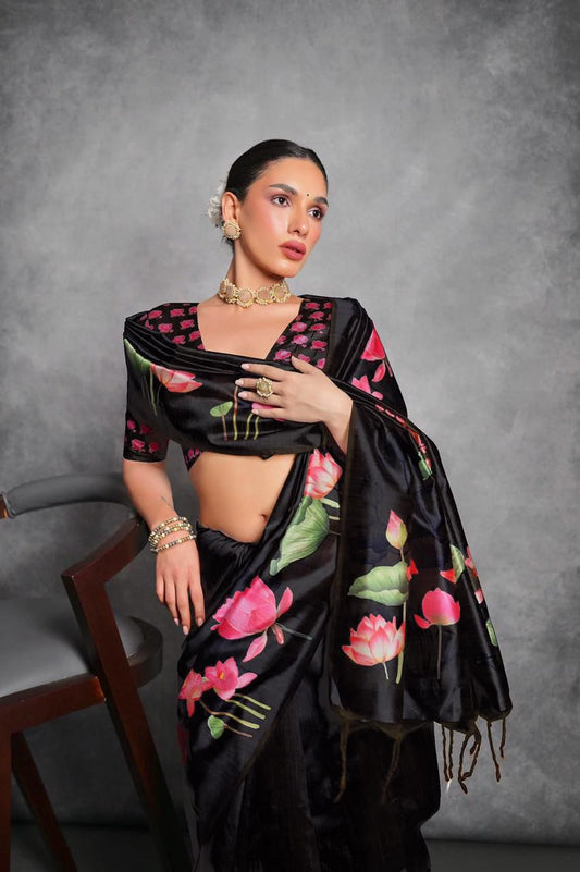 Black Floral Printed Soft Tussar Silk Saree