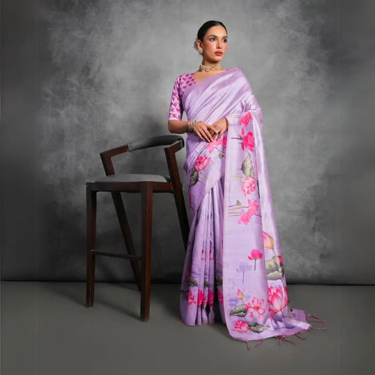 Lavender Floral Printed Soft Tussar Silk Saree