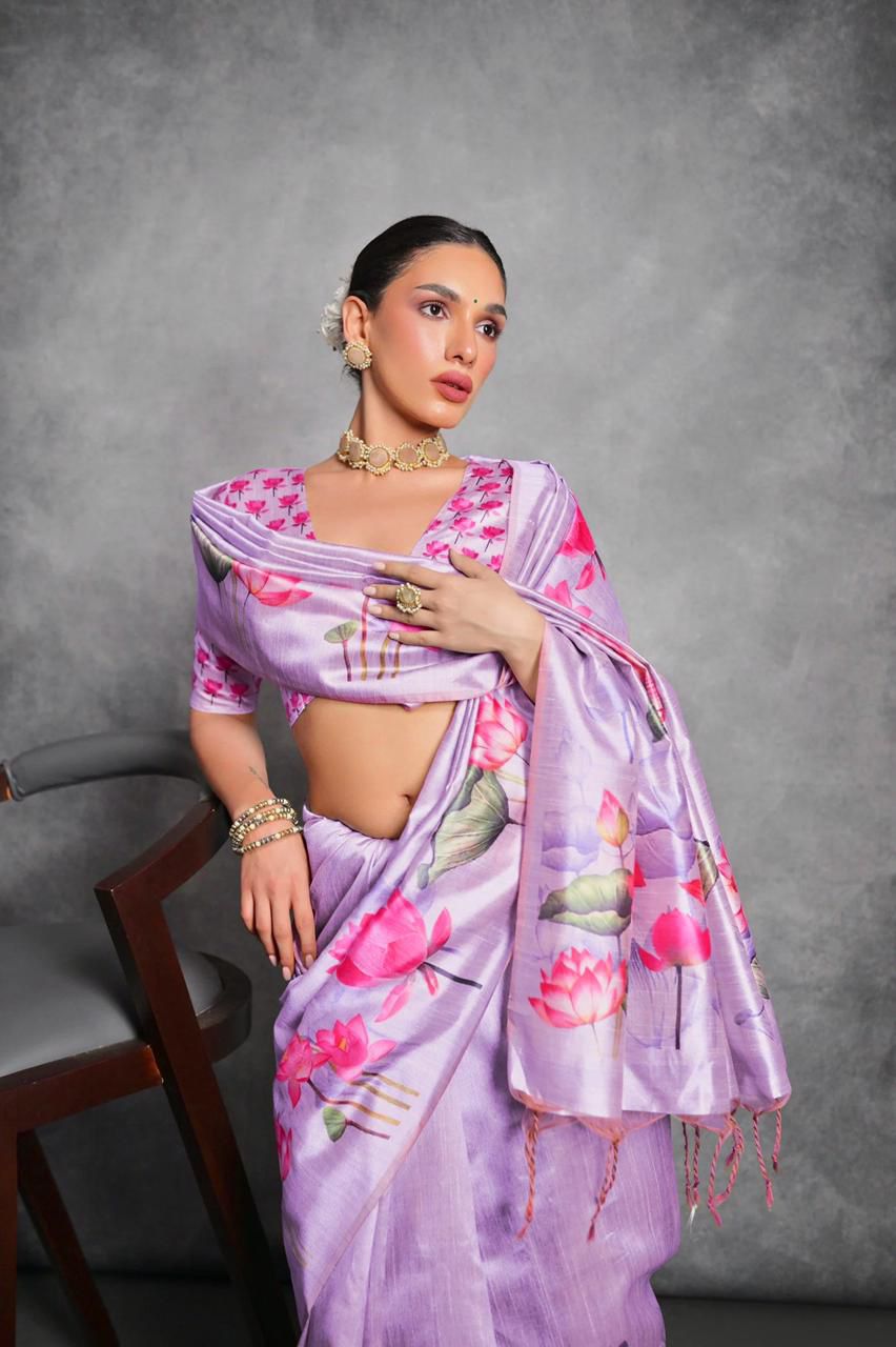 Lavender Tussar Silk Saree