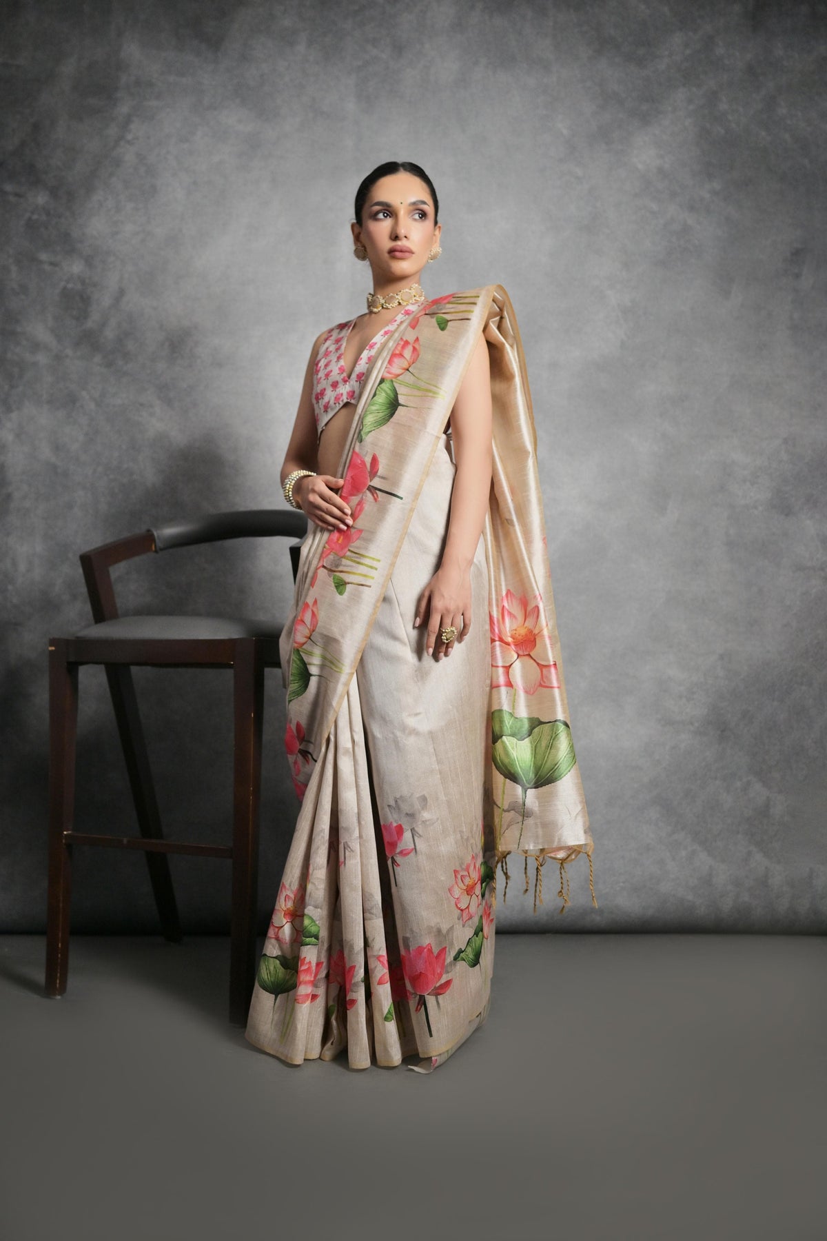 Light Beige Tussar Silk Saree