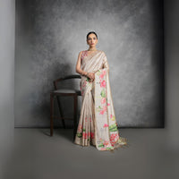 Light Beige Floral Printed Soft Tussar Silk Saree