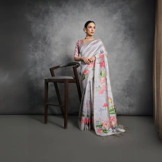 Light Gray Tussar Silk Saree