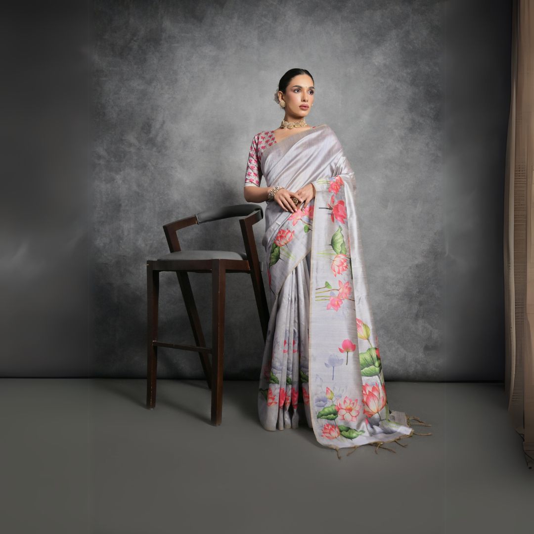 Light Gray Tussar Silk Saree