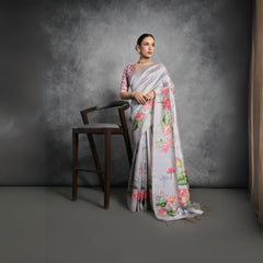 Light Gray Tussar Silk Saree