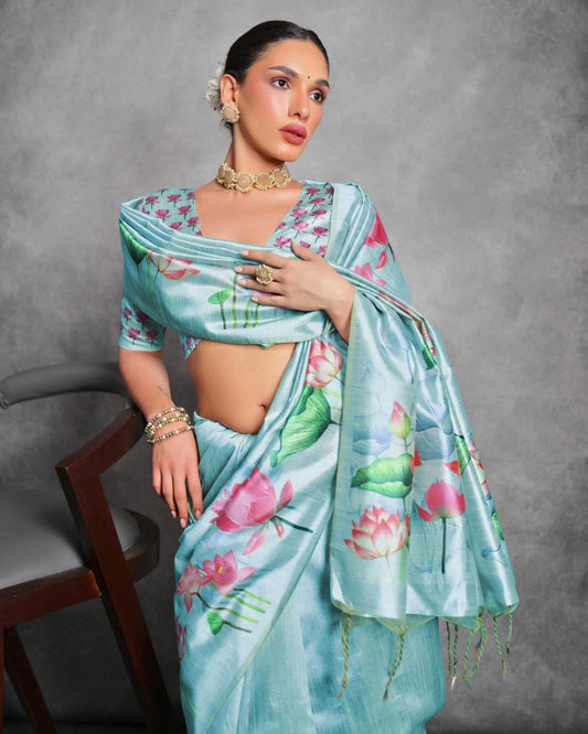 Powder Blue Tussar Silk Saree