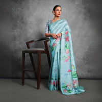 Powder Blue Floral Printed Soft Tussar Silk Saree