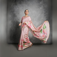 Soft Pink Floral Printed Soft Tussar Silk Saree