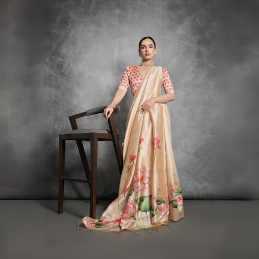 Beige Tussar Silk Saree