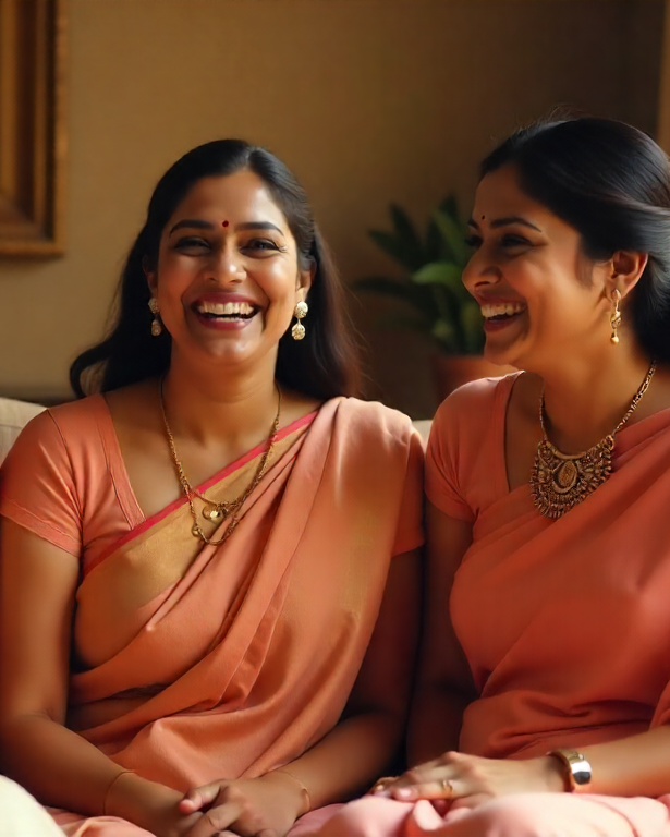 Two women in traditional attire sitting together and smiling.