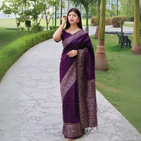 Deep Shade Purple Warli Weaving Soft Banglori Raw Silk Saree