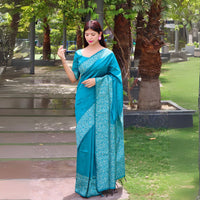 Cyan Blue Warli Weaving Soft Banglori Raw Silk Saree