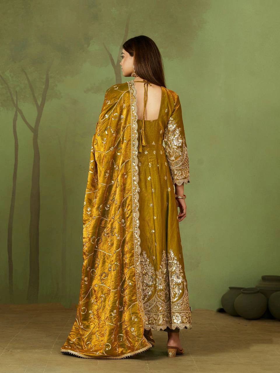 Gold Anarkali Silk Blend Suit model three quarter view with dupatta KU267