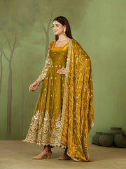 Gold Anarkali Suit back view open dori tie-up neckline KU267