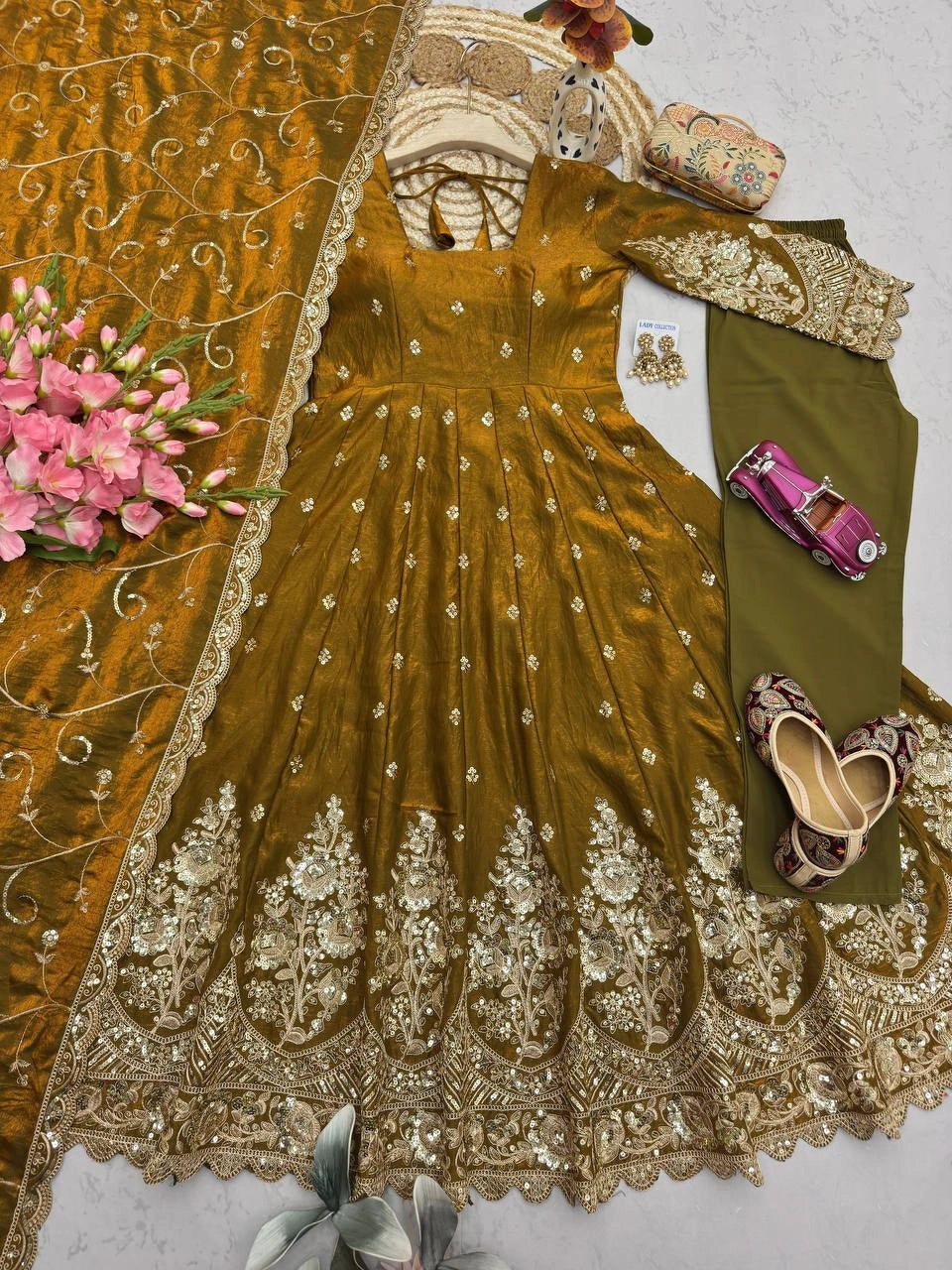 Gold Silk Blend Suit dupatta sequins embroidery flatlay detail KU267