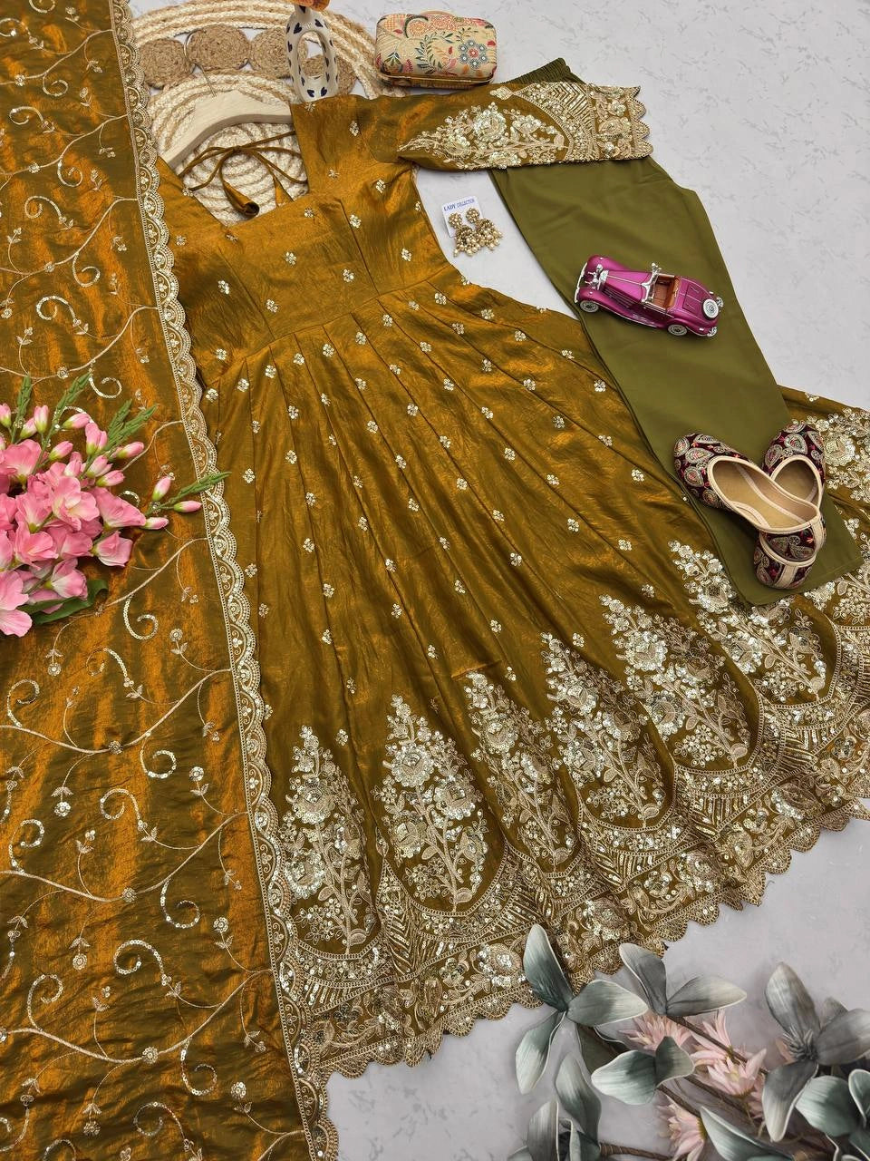 Gold Anarkali Suit flatlay hem codding embroidery close up KU267