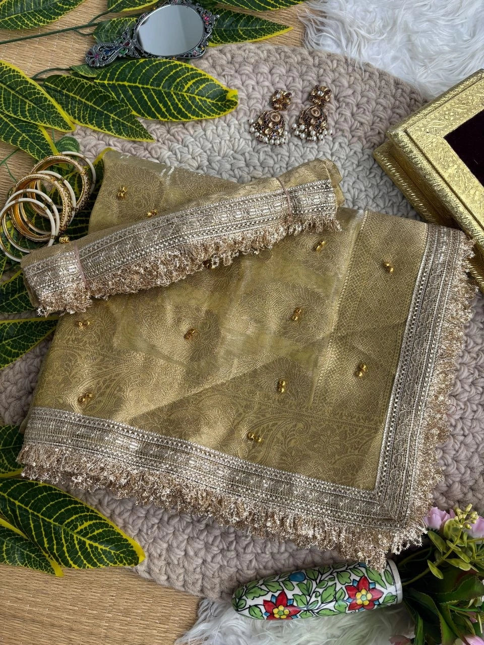 Golden Beige Hand Ghungroo Weaving Saree – Banarasi Satin Silk KS405