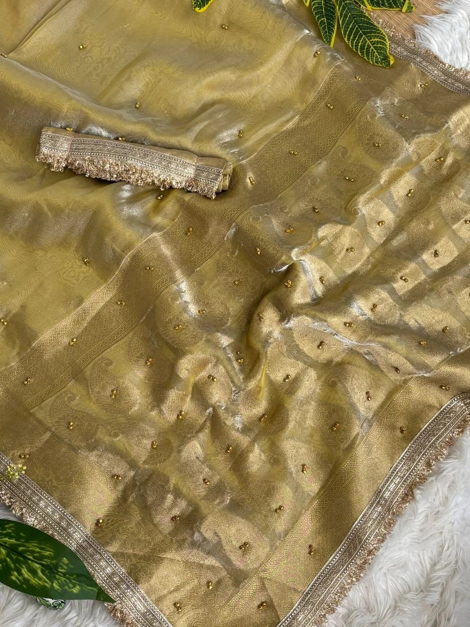 Golden Beige Banarasi Saree Ghungroo Weaving – Kalyanja KS405