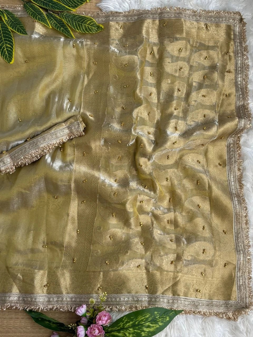 Golden Beige Ghungroo Saree – Zari Border Detail KS405